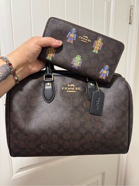 NWT Coach Large Rowan walnut Signature Satchel and Robot-Print Zip Wallet
